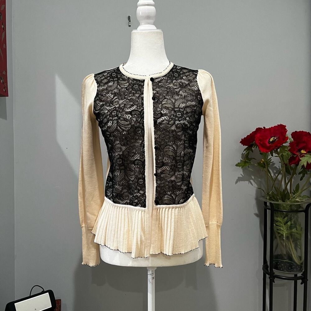 NEW Sigrid Olsen Silk Wool Peplum Flutter Lace Bead Cardigan Sweater Y2K XS NWT